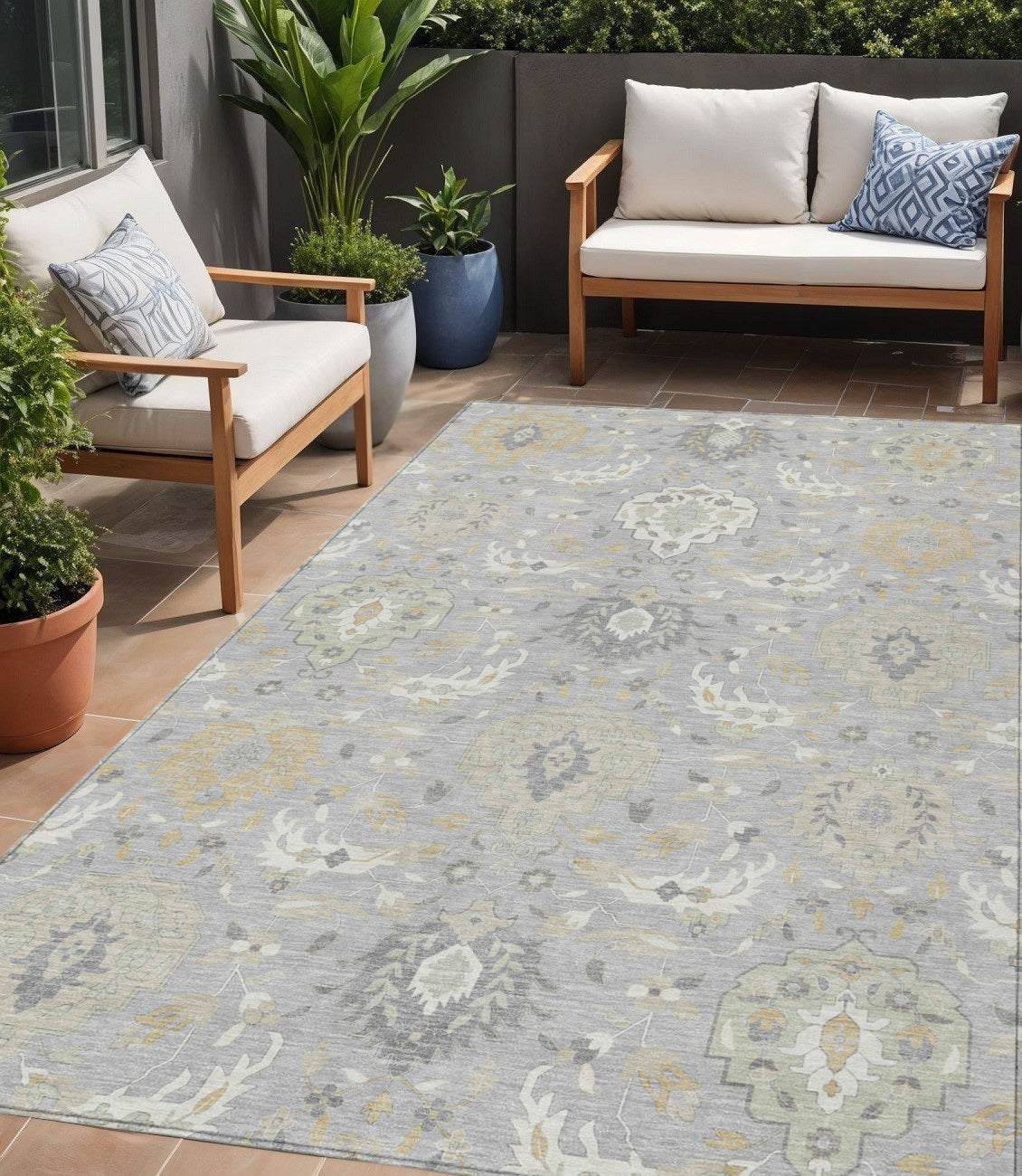 5' X 8' Gray Ivory And Gold Damask Washable Indoor Outdoor Area Rug