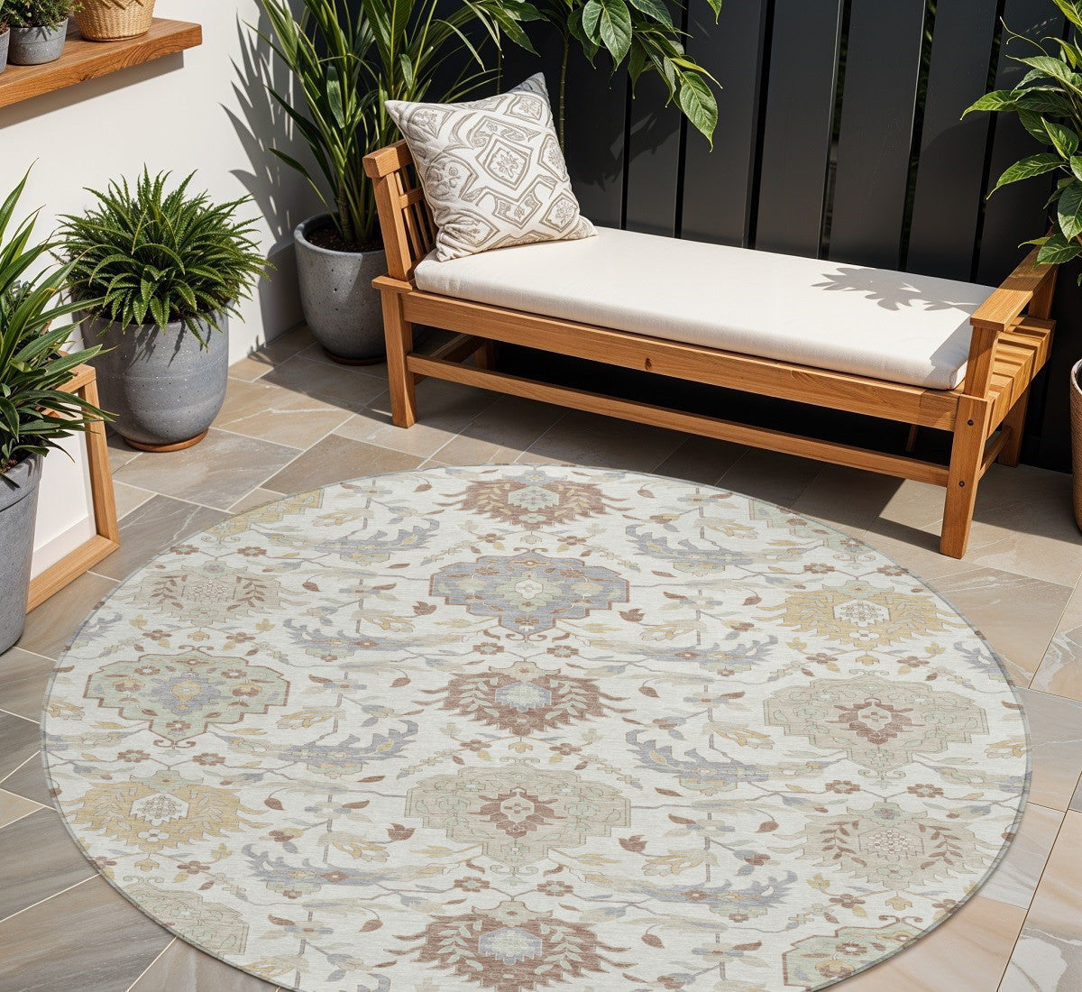 8' Ivory Brown And Gray Round Damask Washable Indoor Outdoor Area Rug