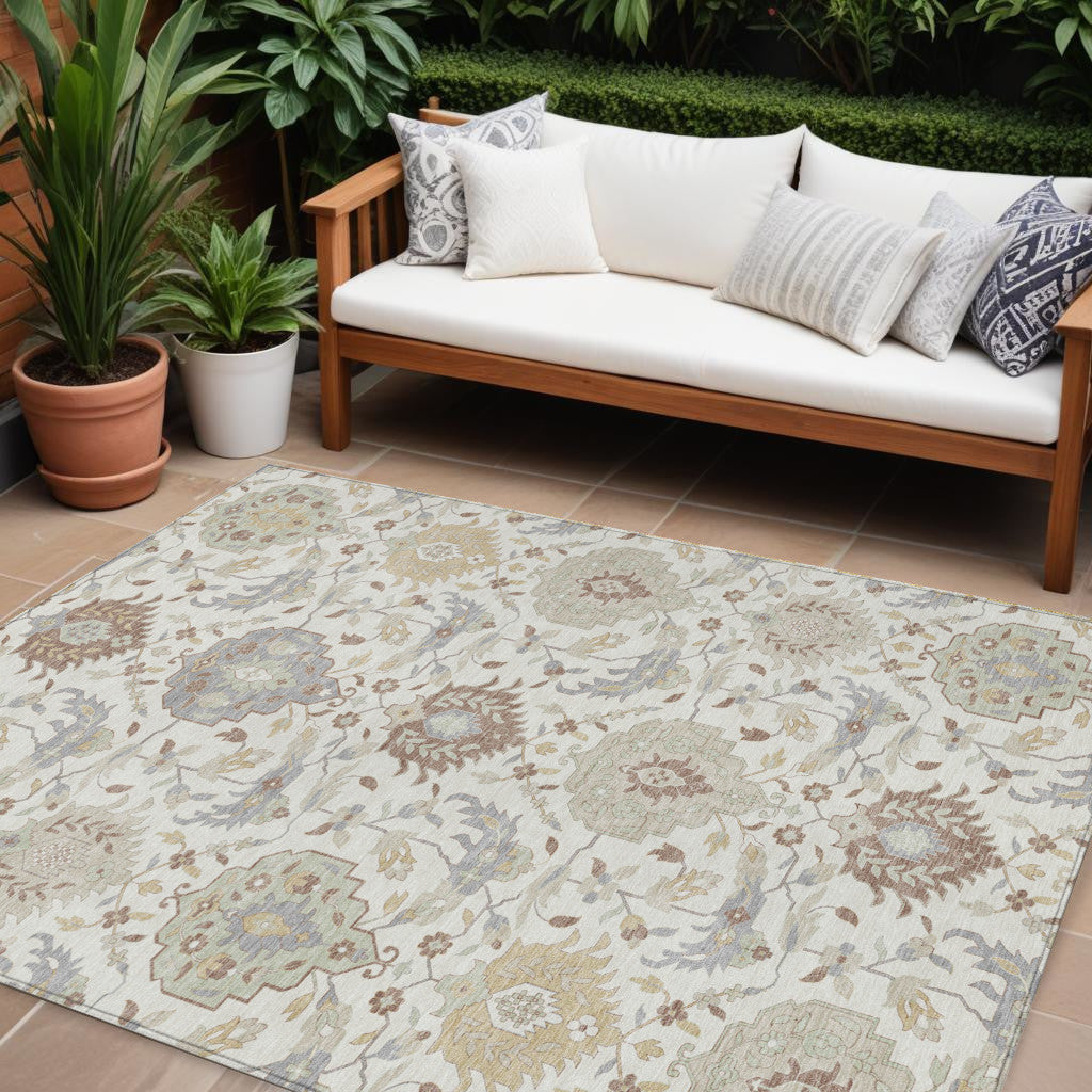 9' X 12' Ivory Brown And Gray Damask Washable Indoor Outdoor Area Rug