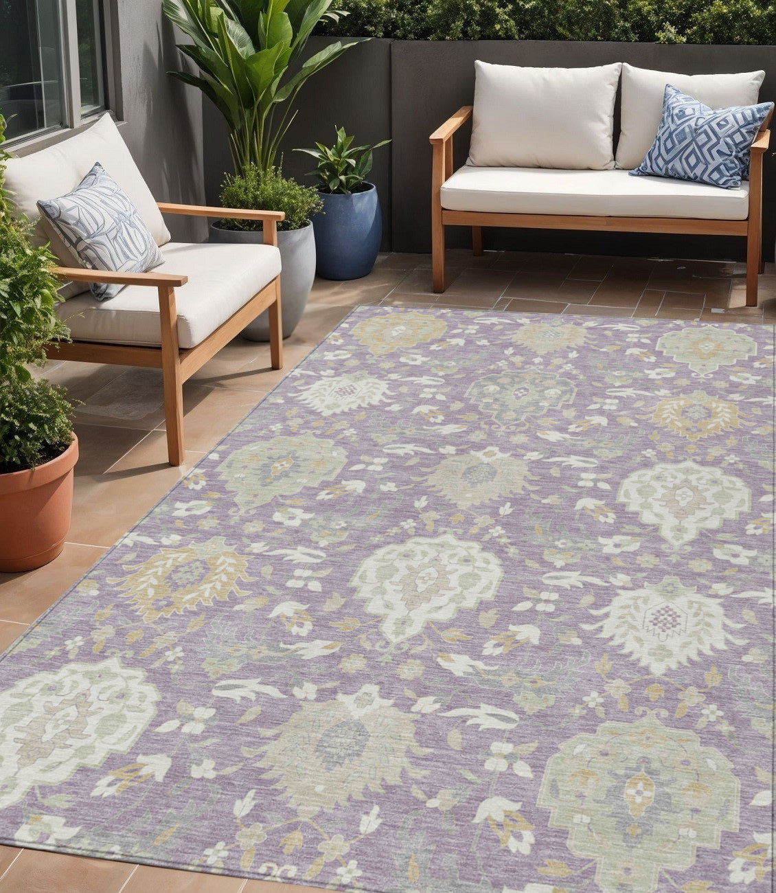 5' X 8' Lavender Gold And Green Damask Washable Indoor Outdoor Area Rug