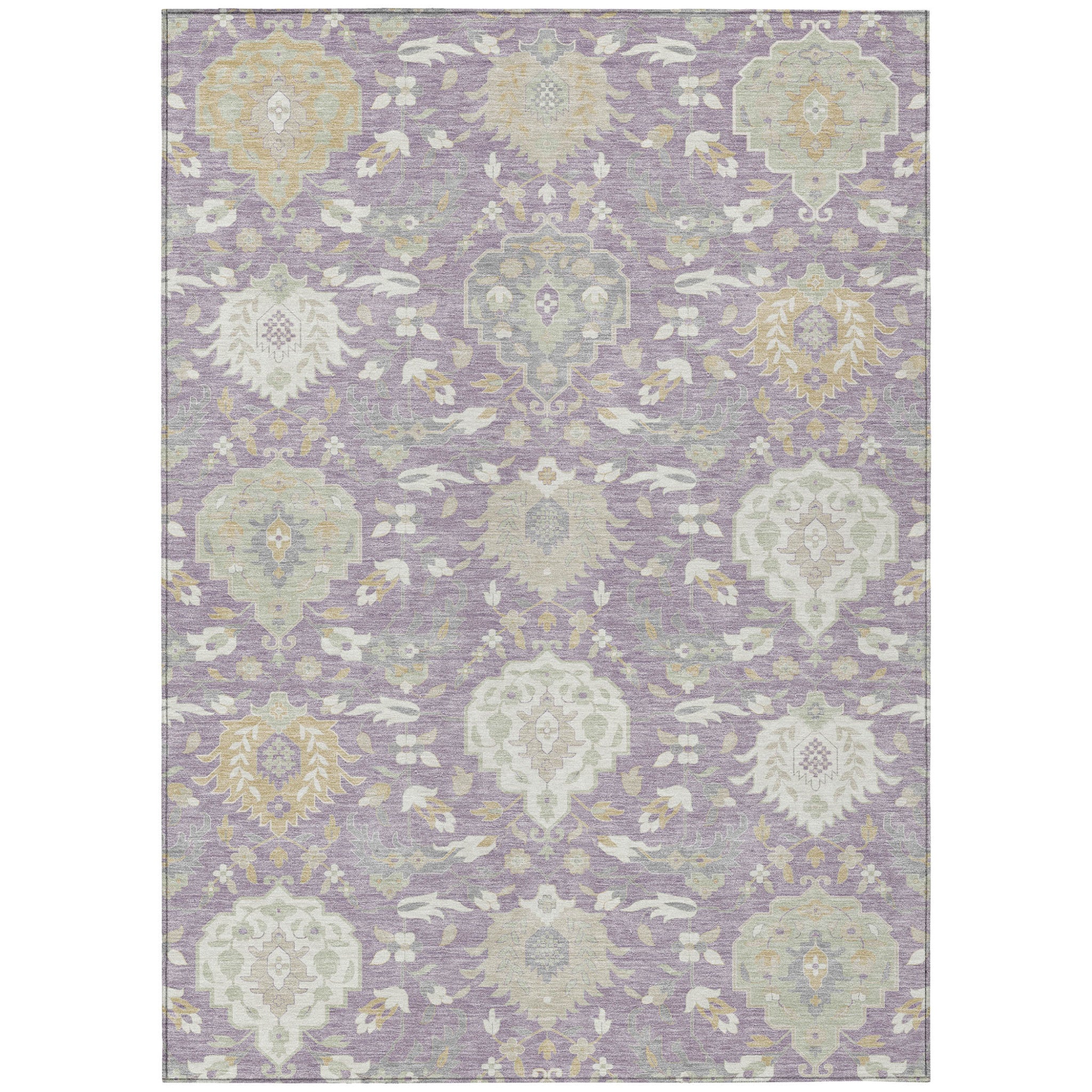 8' X 10' Lavender Gold And Green Damask Washable Indoor Outdoor Area Rug