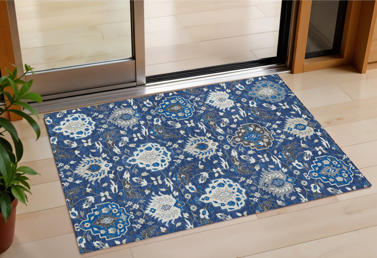 3' X 5' Navy Blue Charcoal And Ivory Damask Washable Indoor Outdoor Area Rug
