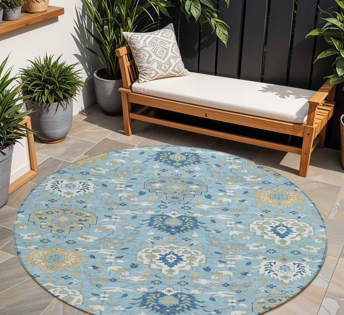 8' Sky Blue Ivory And Gold Round Damask Washable Indoor Outdoor Area Rug