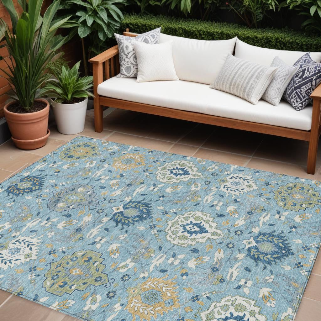 9' X 12' Sky Blue Ivory And Gold Damask Washable Indoor Outdoor Area Rug