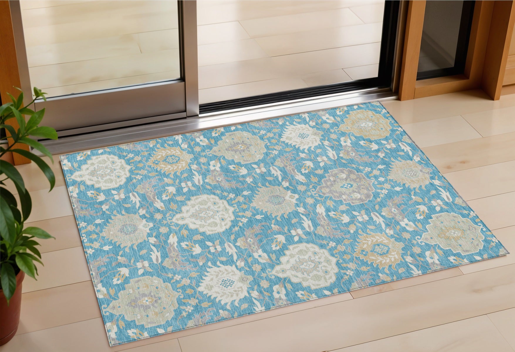 3' X 5' Teal Blue Gray And Ivory Damask Washable Indoor Outdoor Area Rug