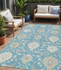 5' X 8' Teal Blue Gray And Ivory Damask Washable Indoor Outdoor Area Rug
