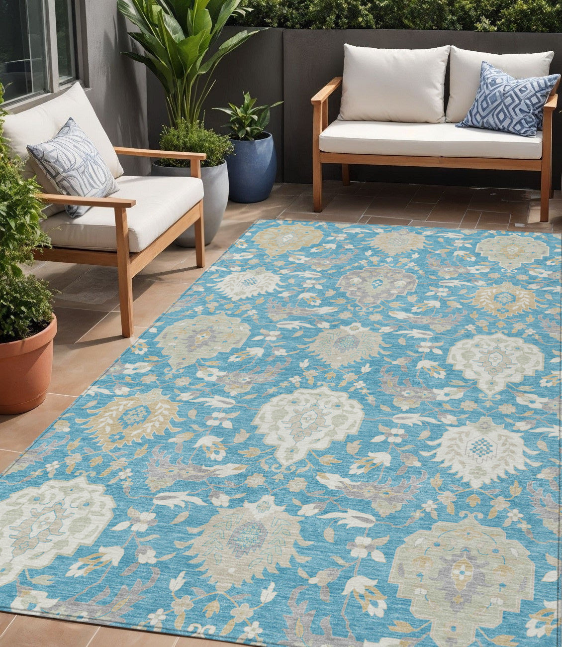 5' X 8' Teal Blue Gray And Ivory Damask Washable Indoor Outdoor Area Rug