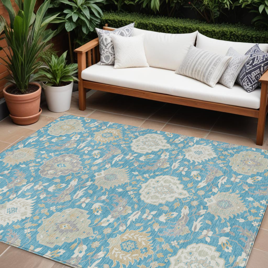 8' X 10' Teal Blue Gray And Ivory Damask Washable Indoor Outdoor Area Rug