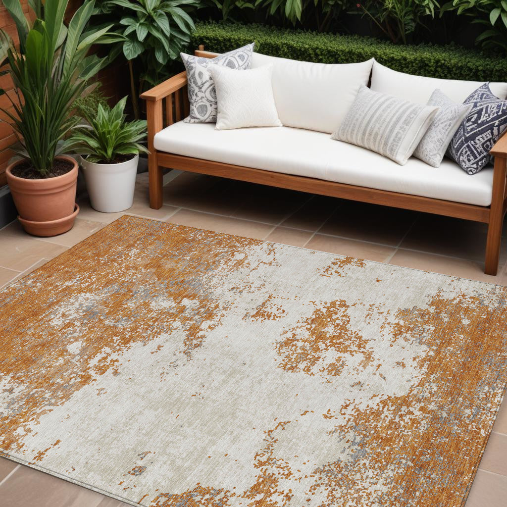 9' X 12' Copper Gray And Beige Abstract Washable Indoor Outdoor Area Rug