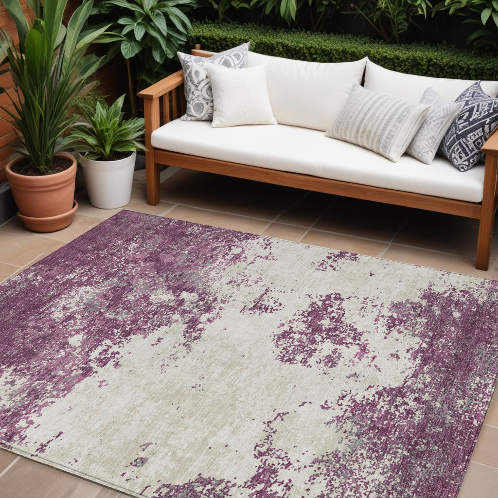 8' X 10' Eggplant Gray And Ivory Abstract Washable Indoor Outdoor Area Rug