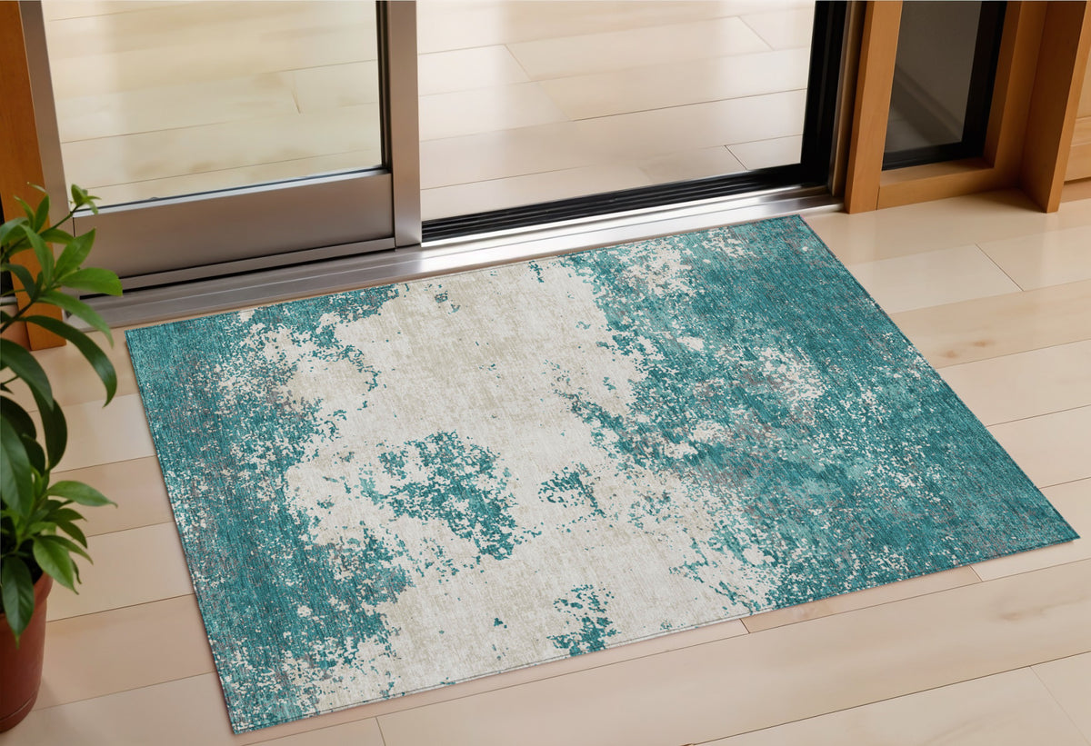 3' X 5' Teal Blue Ivory And Gray Abstract Washable Indoor Outdoor Area Rug