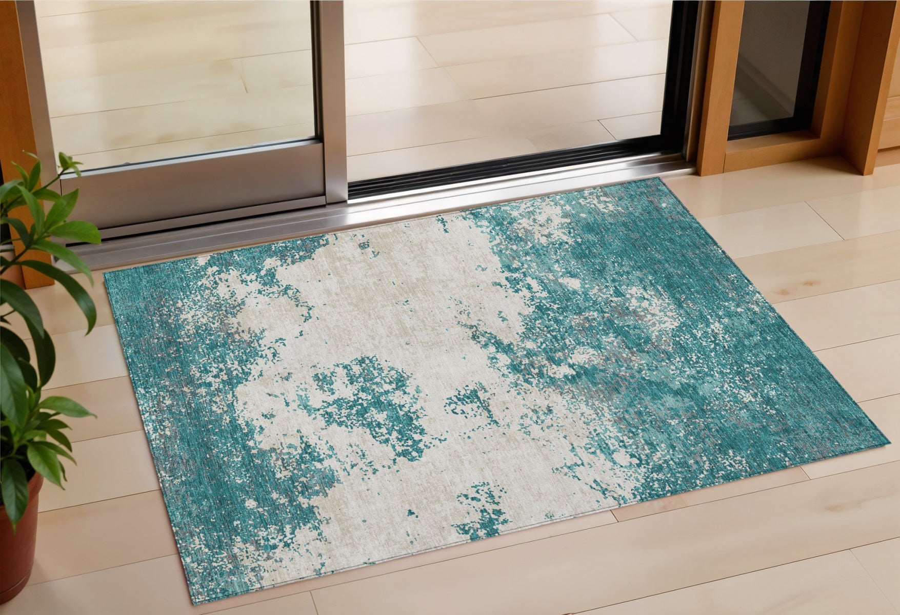 3' X 5' Teal Blue Ivory And Gray Abstract Washable Indoor Outdoor Area Rug
