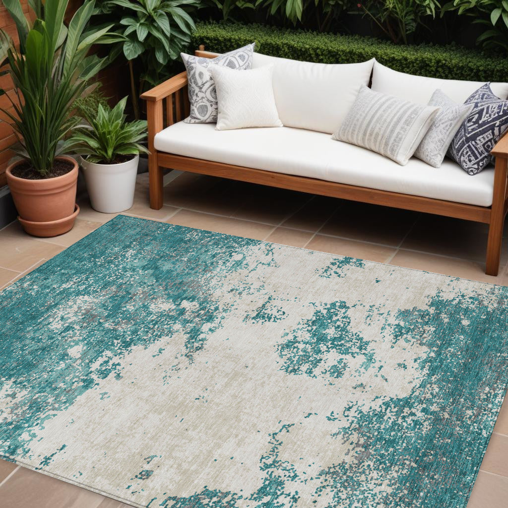 9' X 12' Teal Blue Ivory And Gray Abstract Washable Indoor Outdoor Area Rug