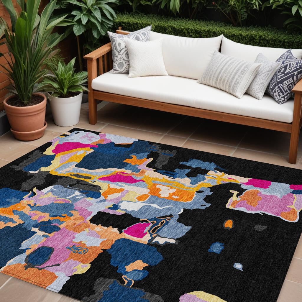 10' X 14' Black Blue And Pink Abstract Washable Indoor Outdoor Area Rug