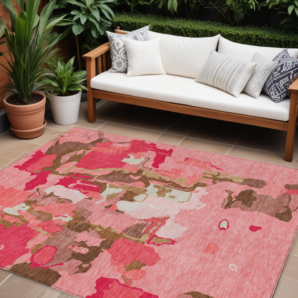 9' X 12' Coral Pink And Brown Abstract Washable Indoor Outdoor Area Rug