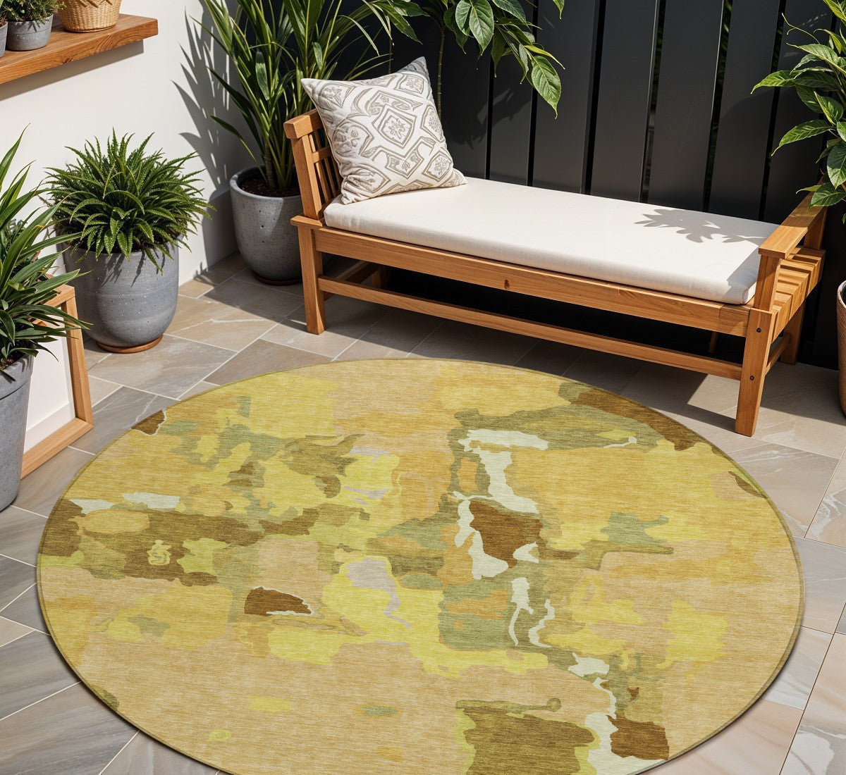 8' Gold Brown And Green Round Abstract Washable Indoor Outdoor Area Rug