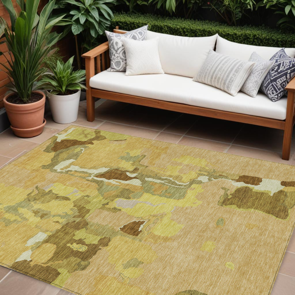 9' X 12' Gold Brown And Green Abstract Washable Indoor Outdoor Area Rug