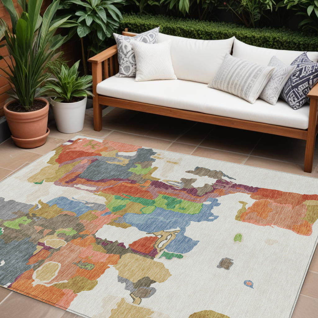 9' X 12' Ivory Pink And Green Abstract Washable Indoor Outdoor Area Rug