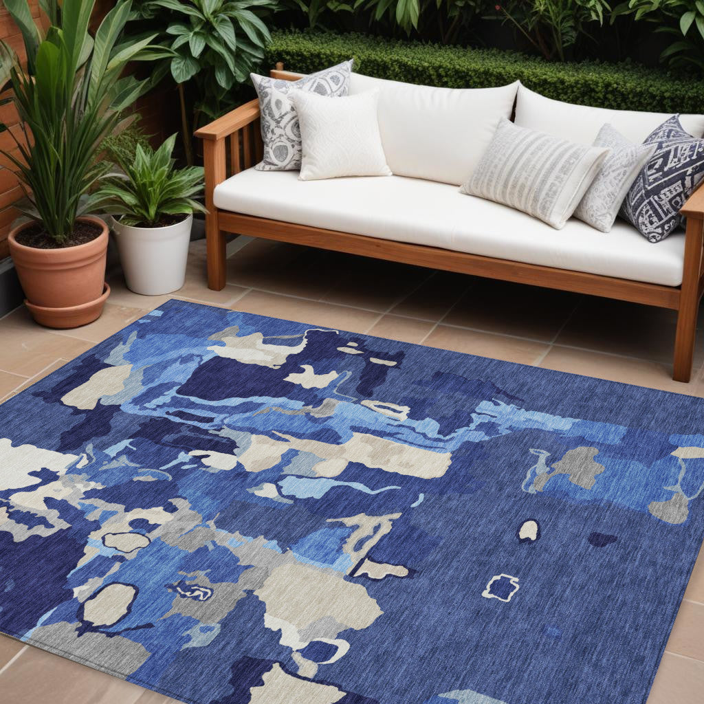 10' X 14' Navy Blue Ivory And Gray Abstract Washable Indoor Outdoor Area Rug