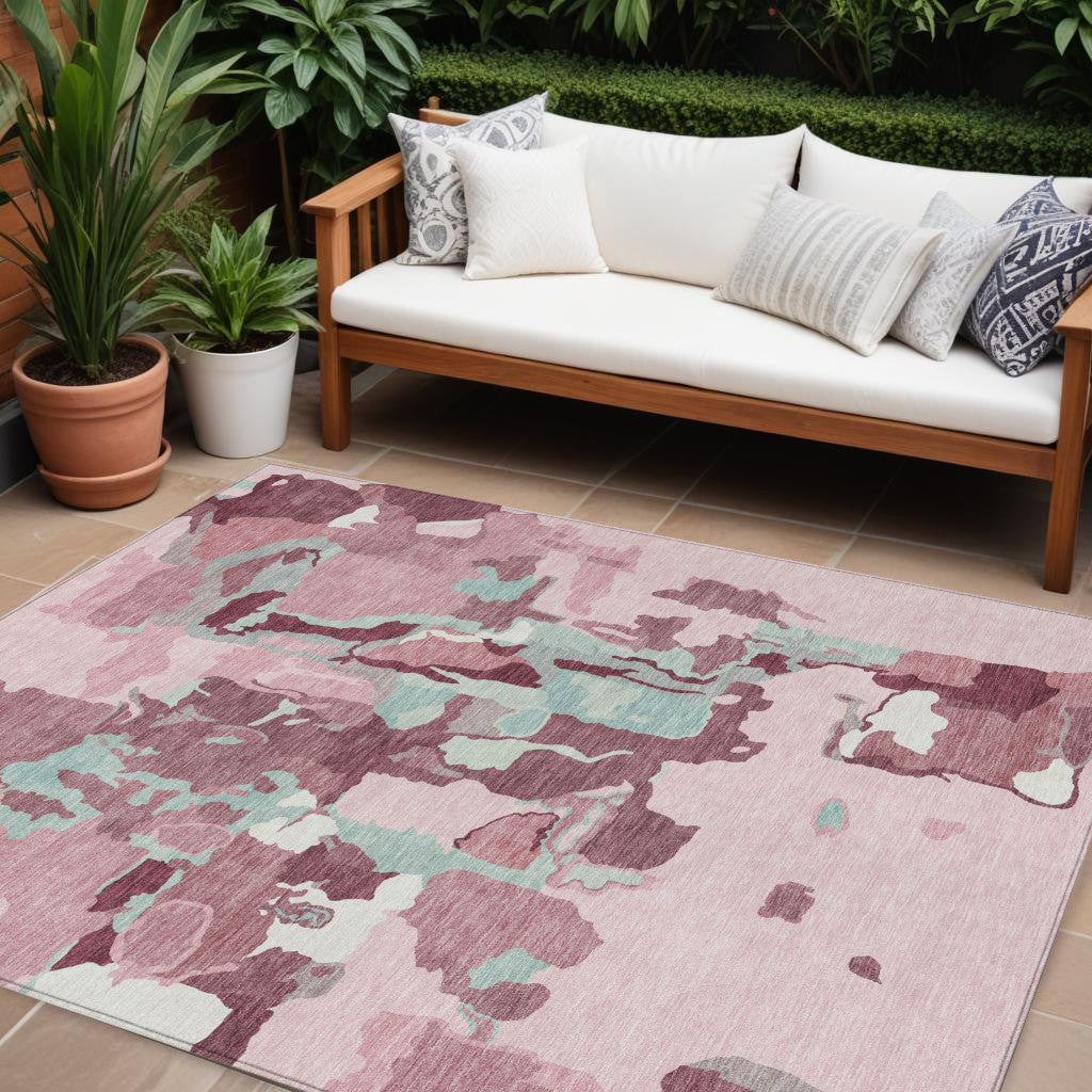 9' X 12' Pink And Gray Abstract Washable Indoor Outdoor Area Rug