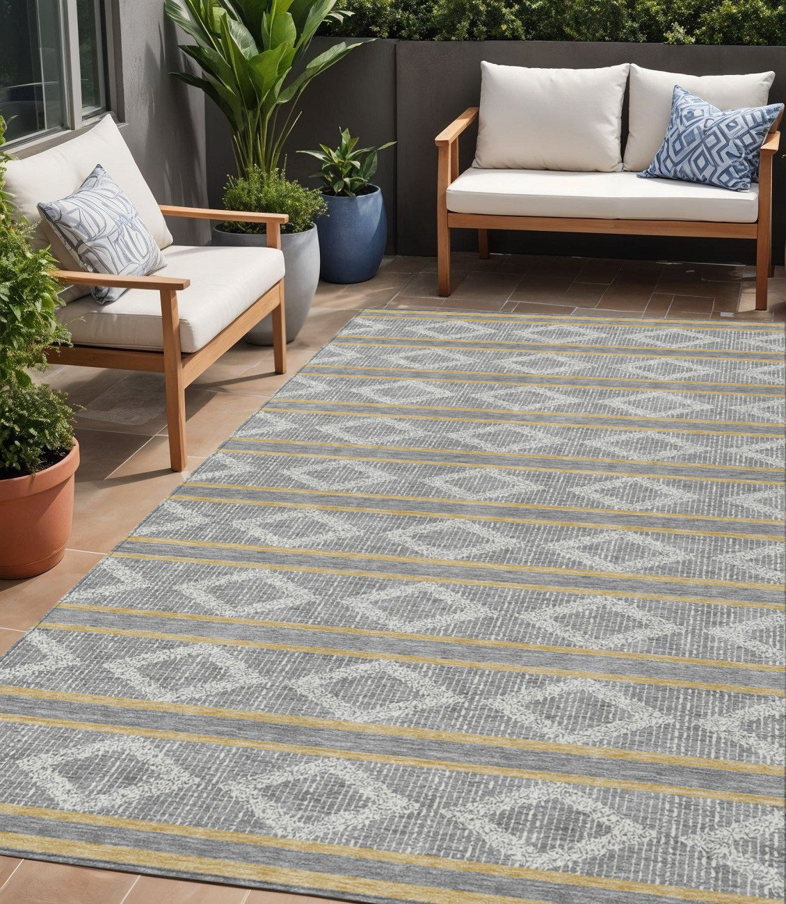 5' X 8' Gray Ivory And Brown Geometric Washable Indoor Outdoor Area Rug