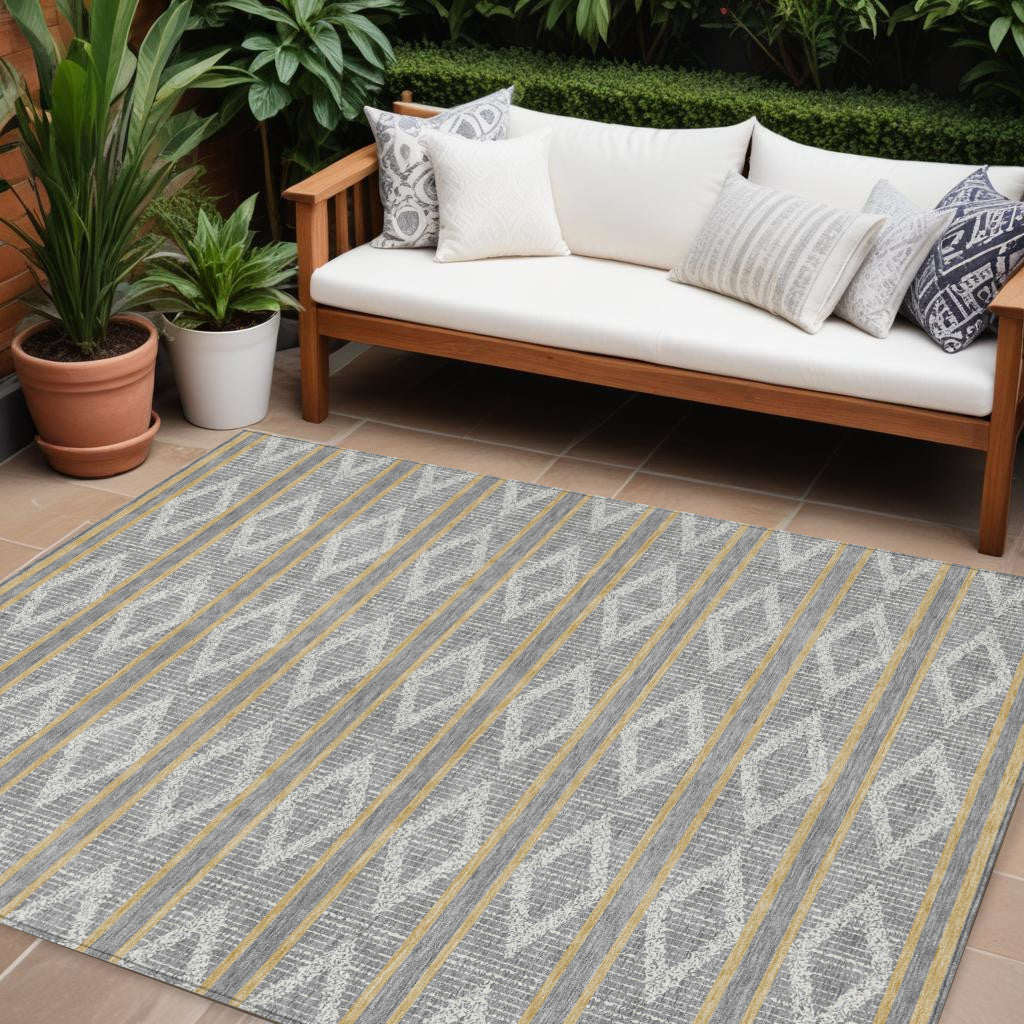 9' X 12' Gray Ivory And Brown Geometric Washable Indoor Outdoor Area Rug