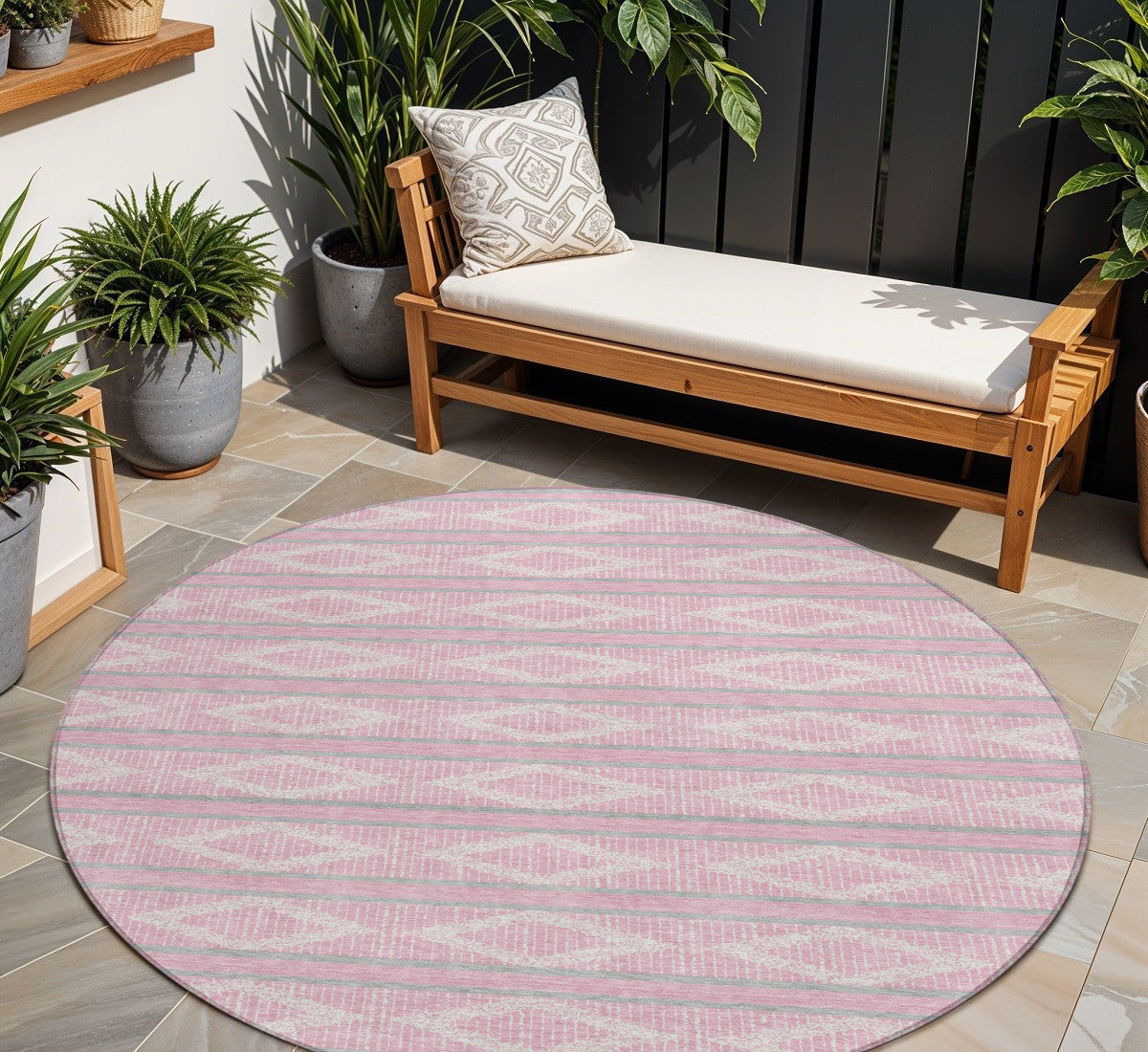 8' Pink Ivory And Gray Round Geometric Washable Indoor Outdoor Area Rug