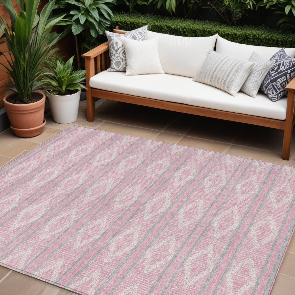 9' X 12' Pink Ivory And Gray Geometric Washable Indoor Outdoor Area Rug
