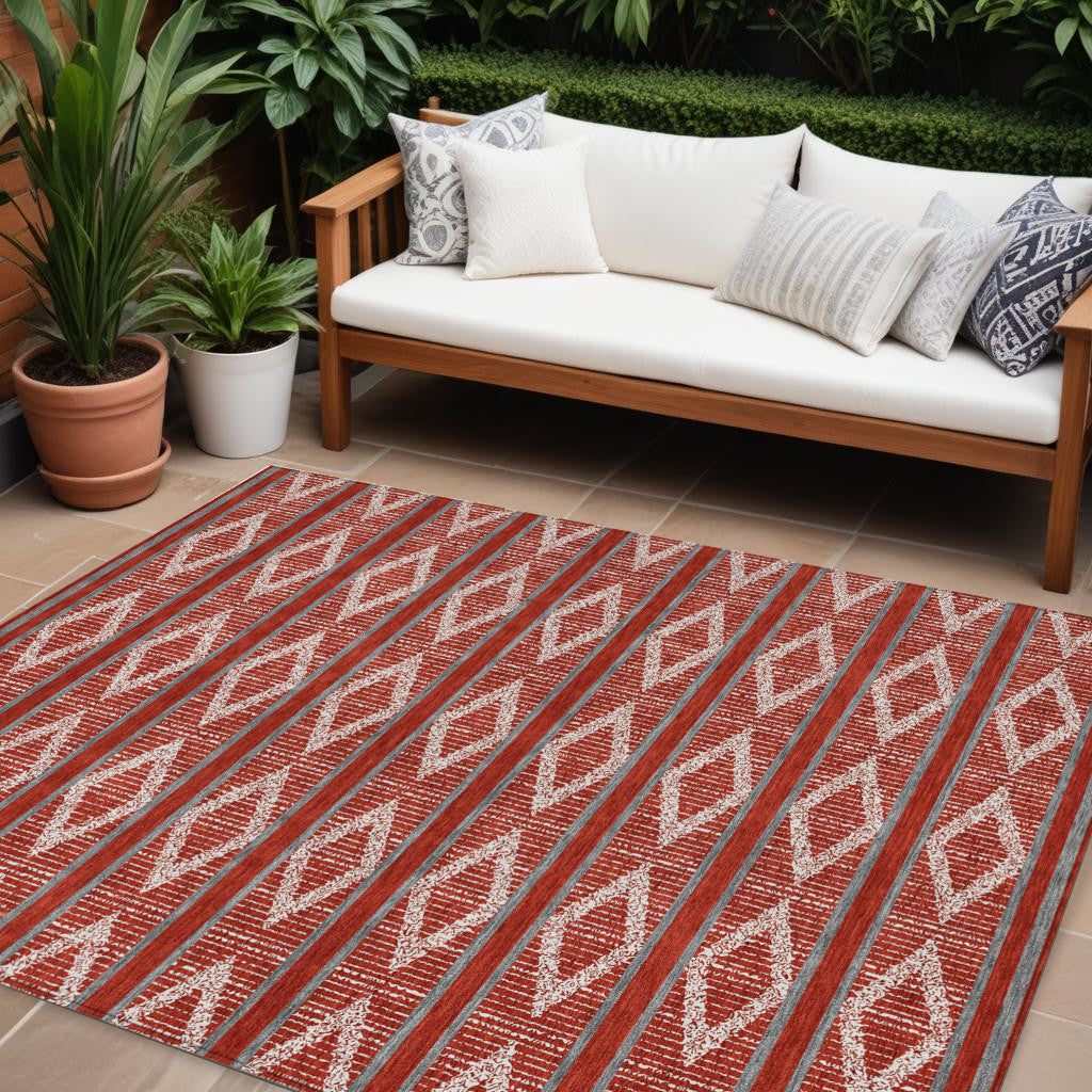 9' X 12' Red Ivory And Gray Geometric Washable Indoor Outdoor Area Rug