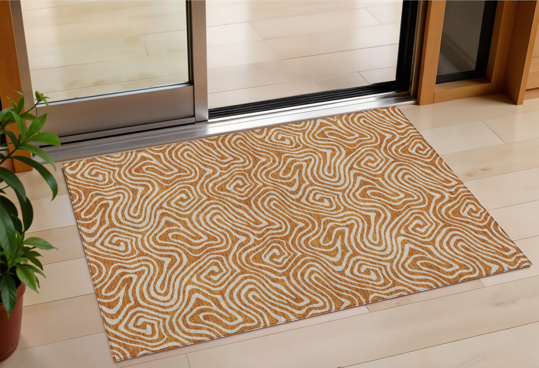 3' X 5' Copper And Beige Abstract Washable Indoor Outdoor Area Rug
