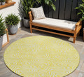 8' Yellow And Ivory Round Abstract Washable Indoor Outdoor Area Rug