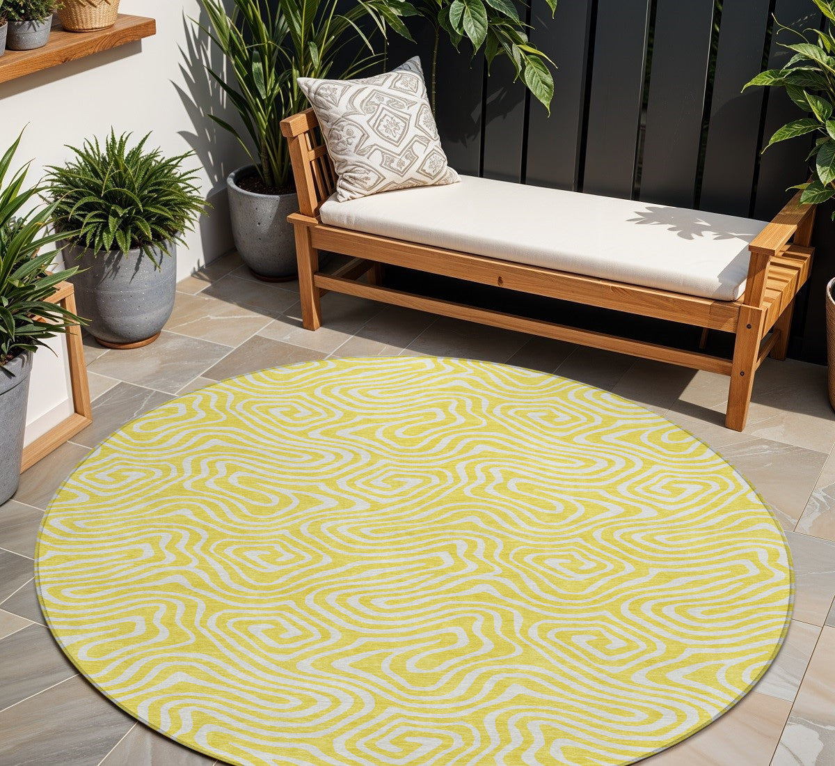 8' Yellow And Ivory Round Abstract Washable Indoor Outdoor Area Rug