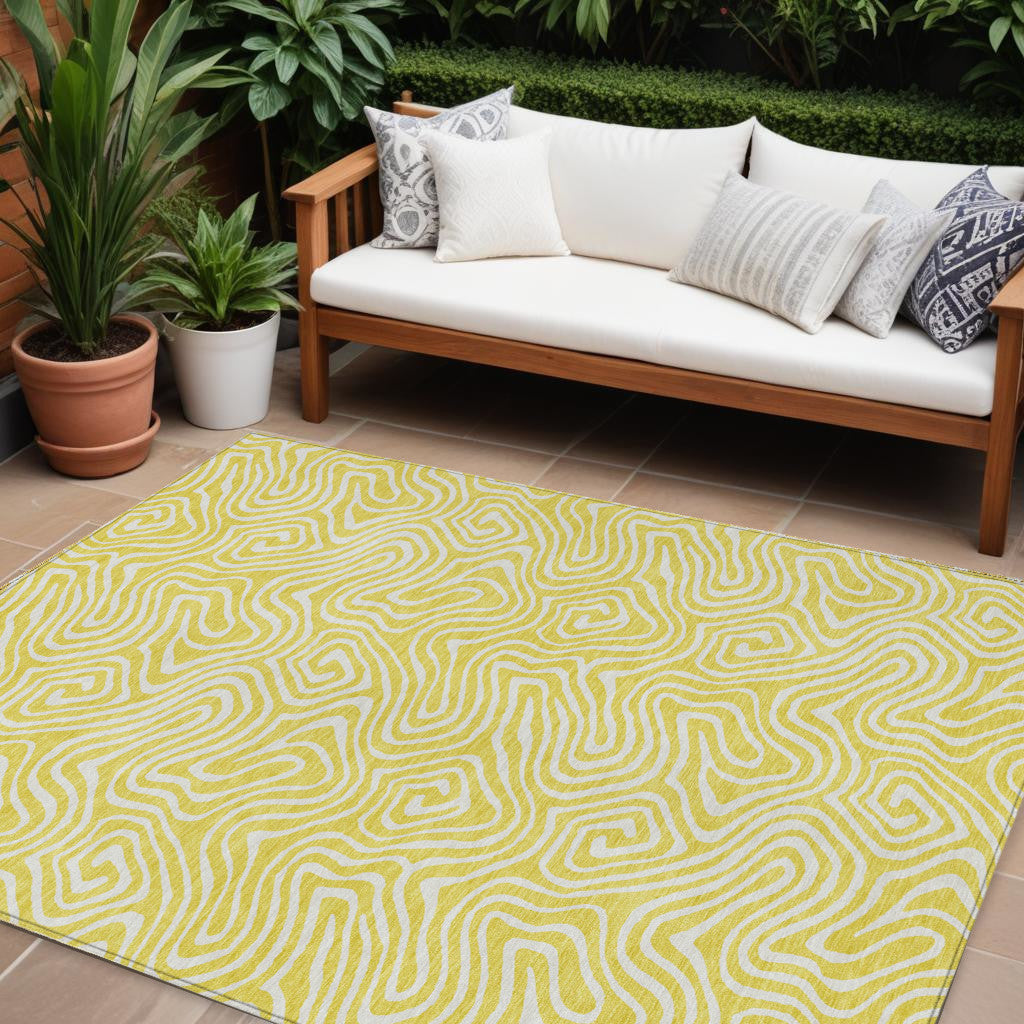 9' X 12' Yellow And Ivory Abstract Washable Indoor Outdoor Area Rug