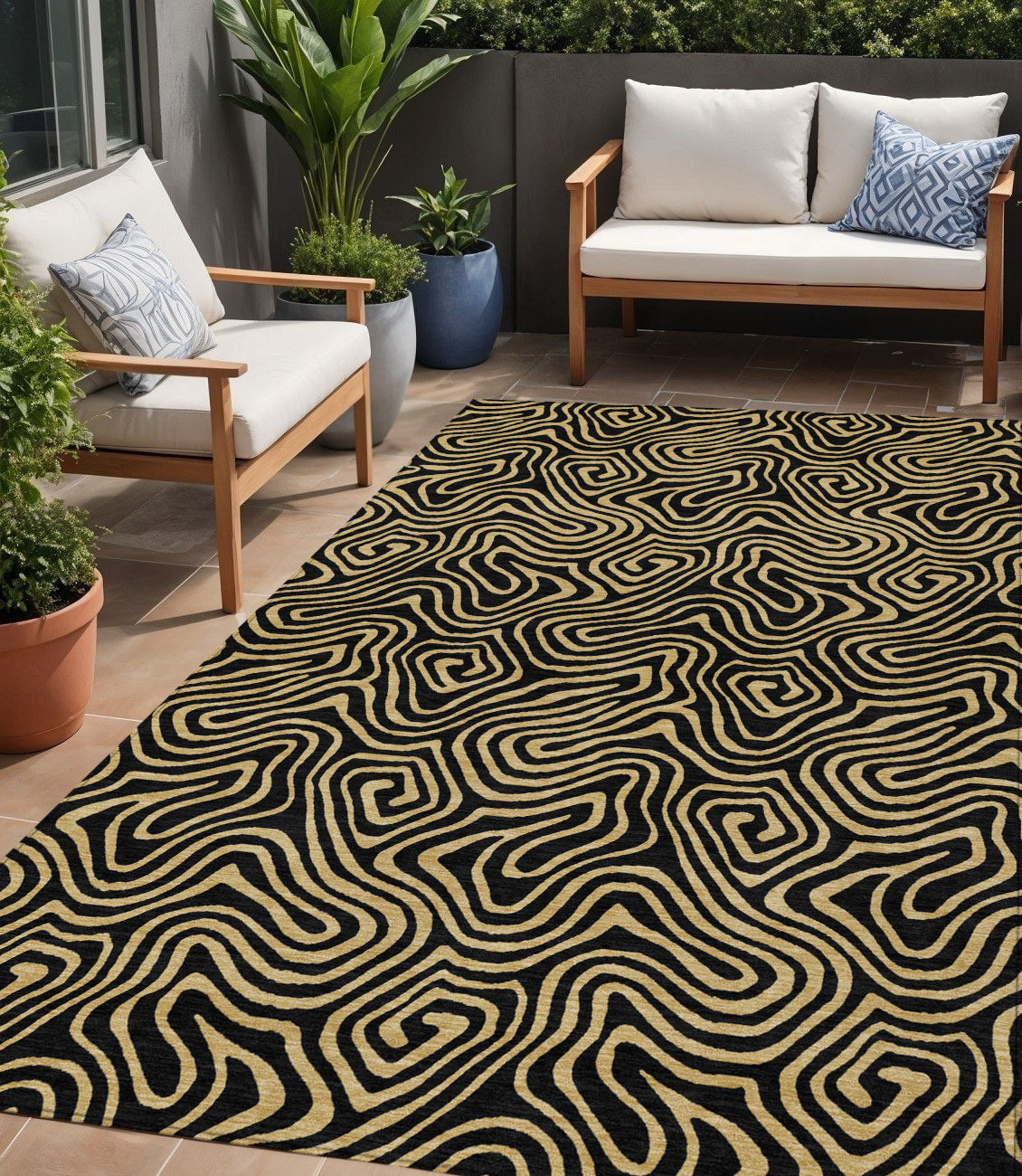 5' X 8' Black And Beige Abstract Washable Indoor Outdoor Area Rug