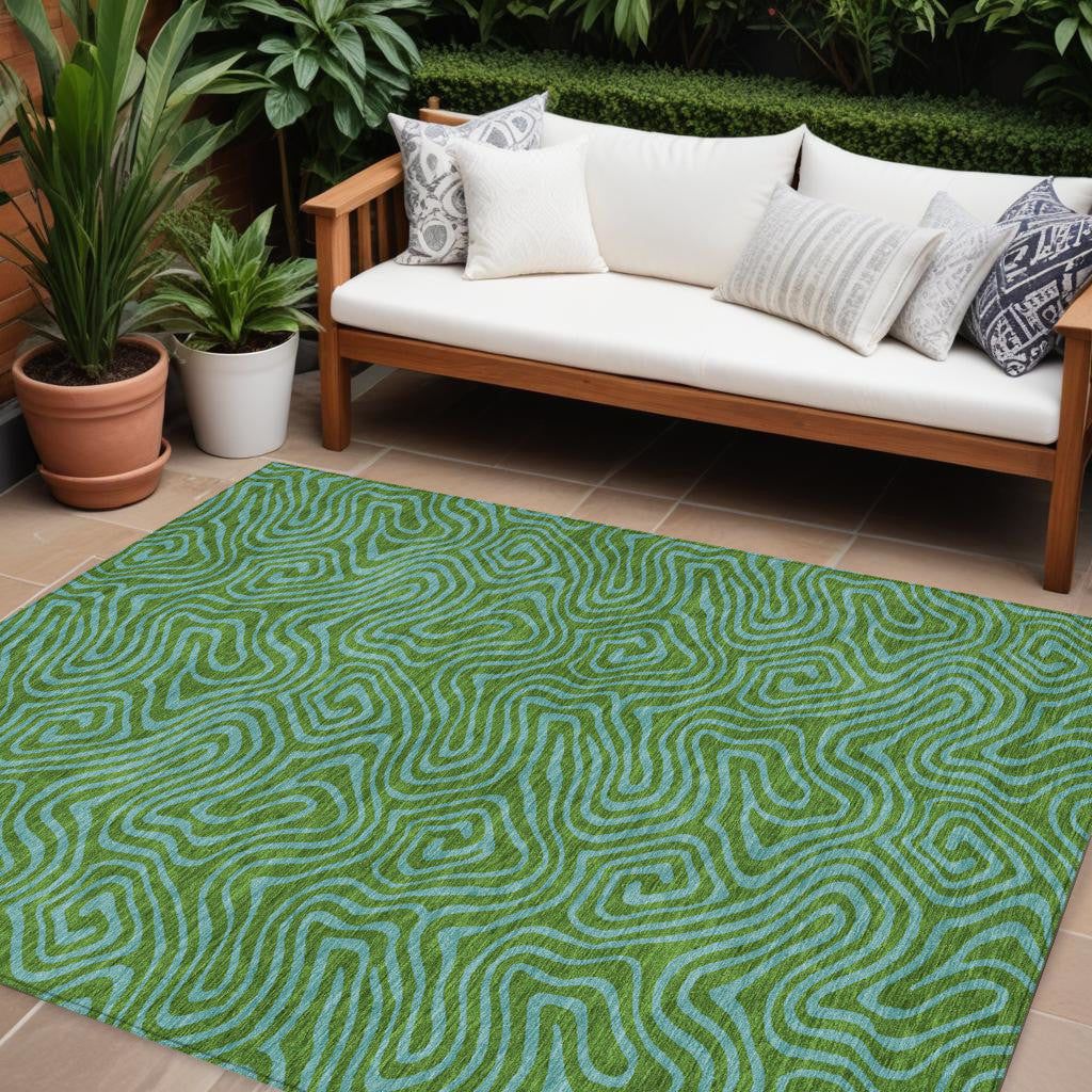 9' X 12' Green And Blue Abstract Washable Indoor Outdoor Area Rug