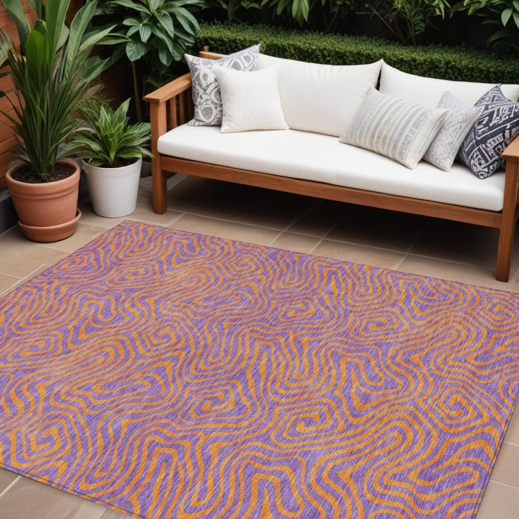 9' X 12' Purple And Copper Abstract Washable Indoor Outdoor Area Rug