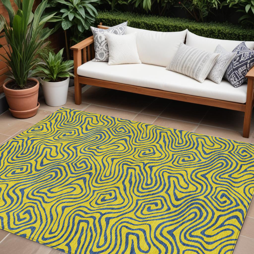 9' X 12' Yellow And Blue Abstract Washable Indoor Outdoor Area Rug