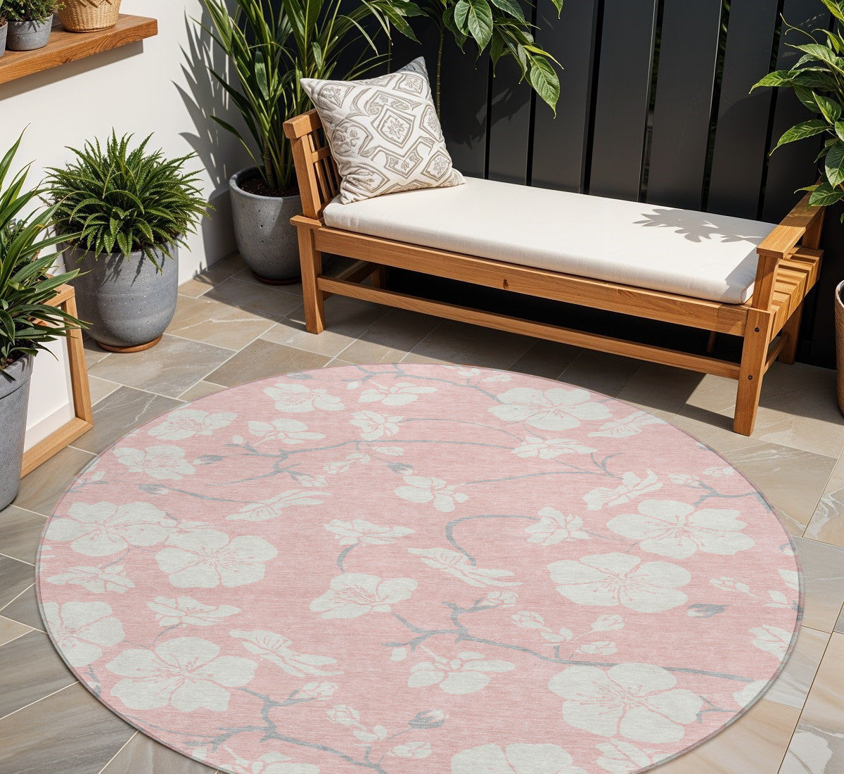 8' Pink Ivory And Gray Round Floral Washable Indoor Outdoor Area Rug