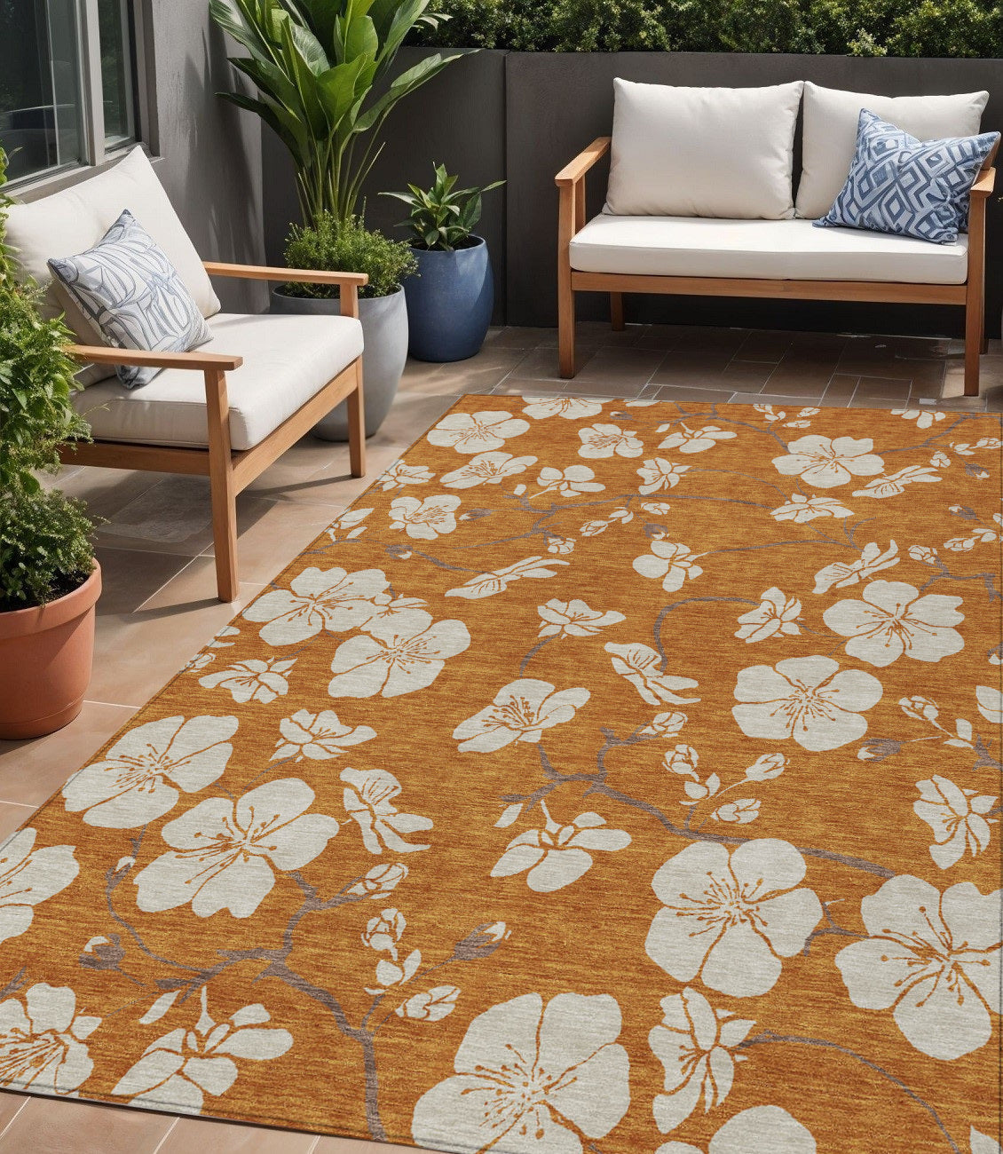 5' X 8' Copper Beige And Brown Floral Washable Indoor Outdoor Area Rug
