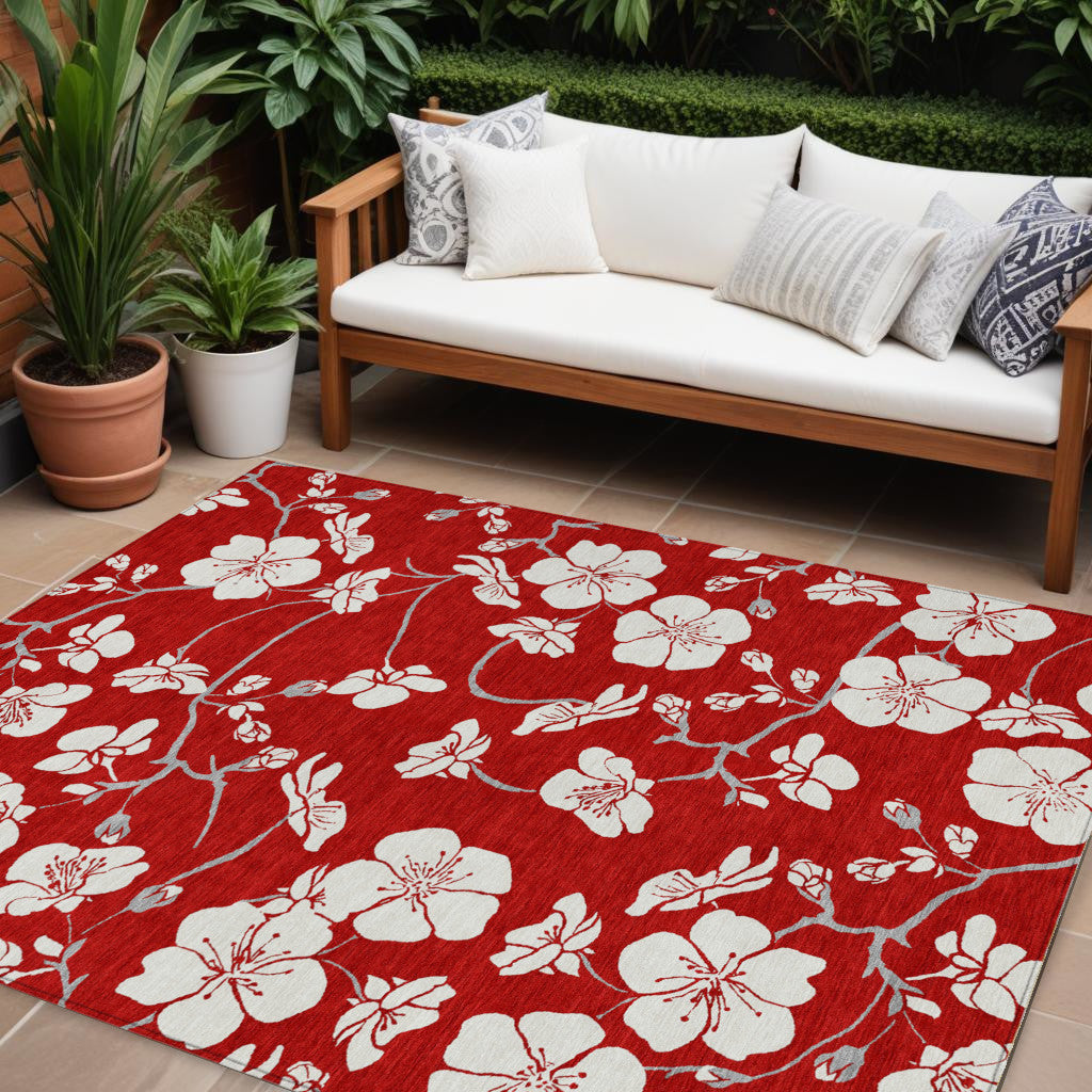 9' X 12' Red Ivory And Gray Floral Washable Indoor Outdoor Area Rug