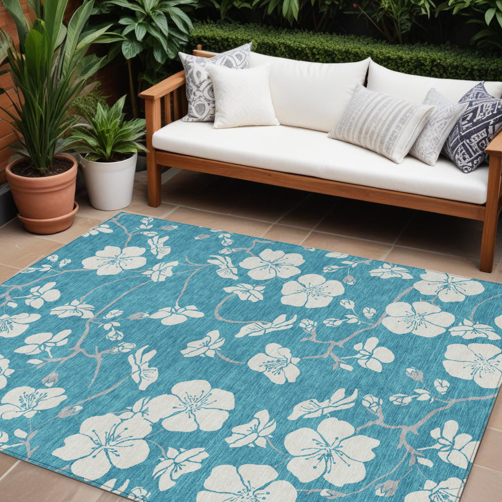 9' X 12' Turquoise Ivory And Gray Floral Washable Indoor Outdoor Area Rug
