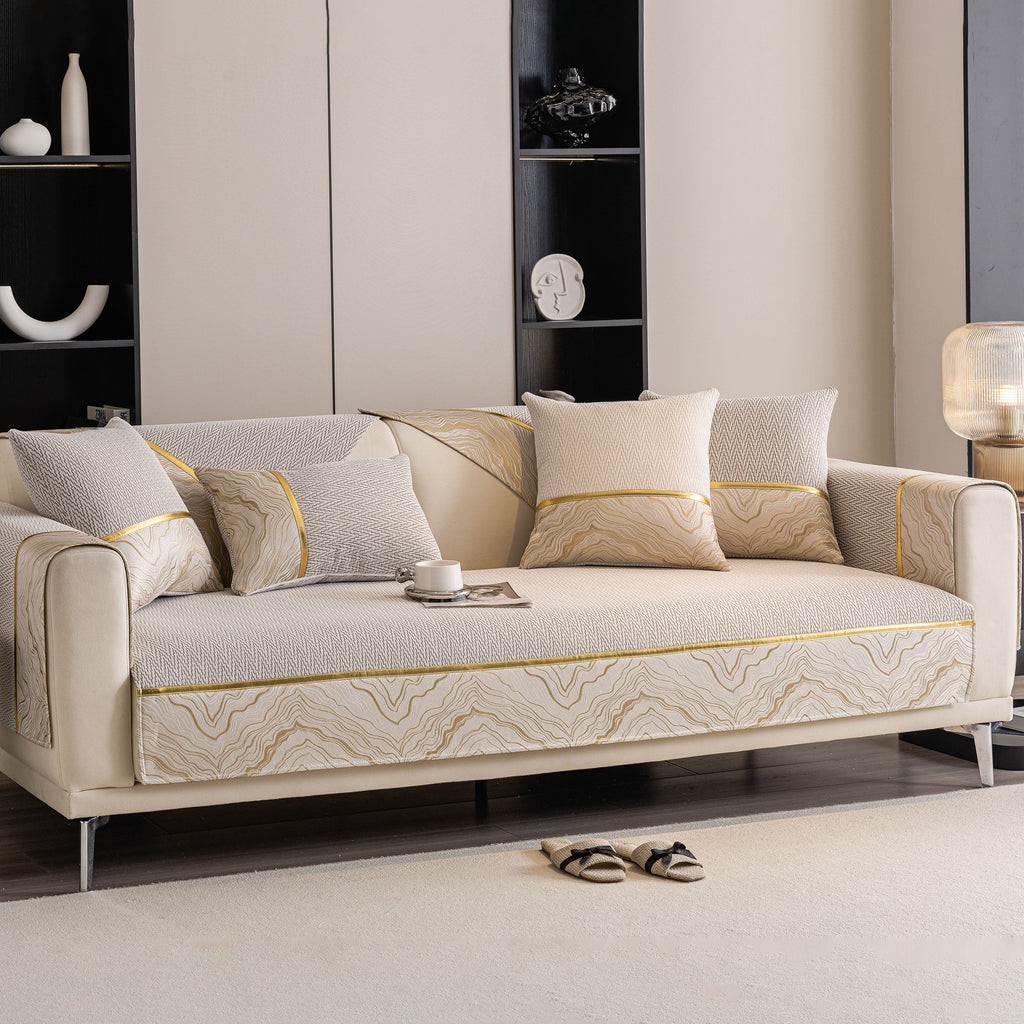 Non-Slip Couch Cover with Gold Trim, Sofa Slipcover for Sectional & Loveseat