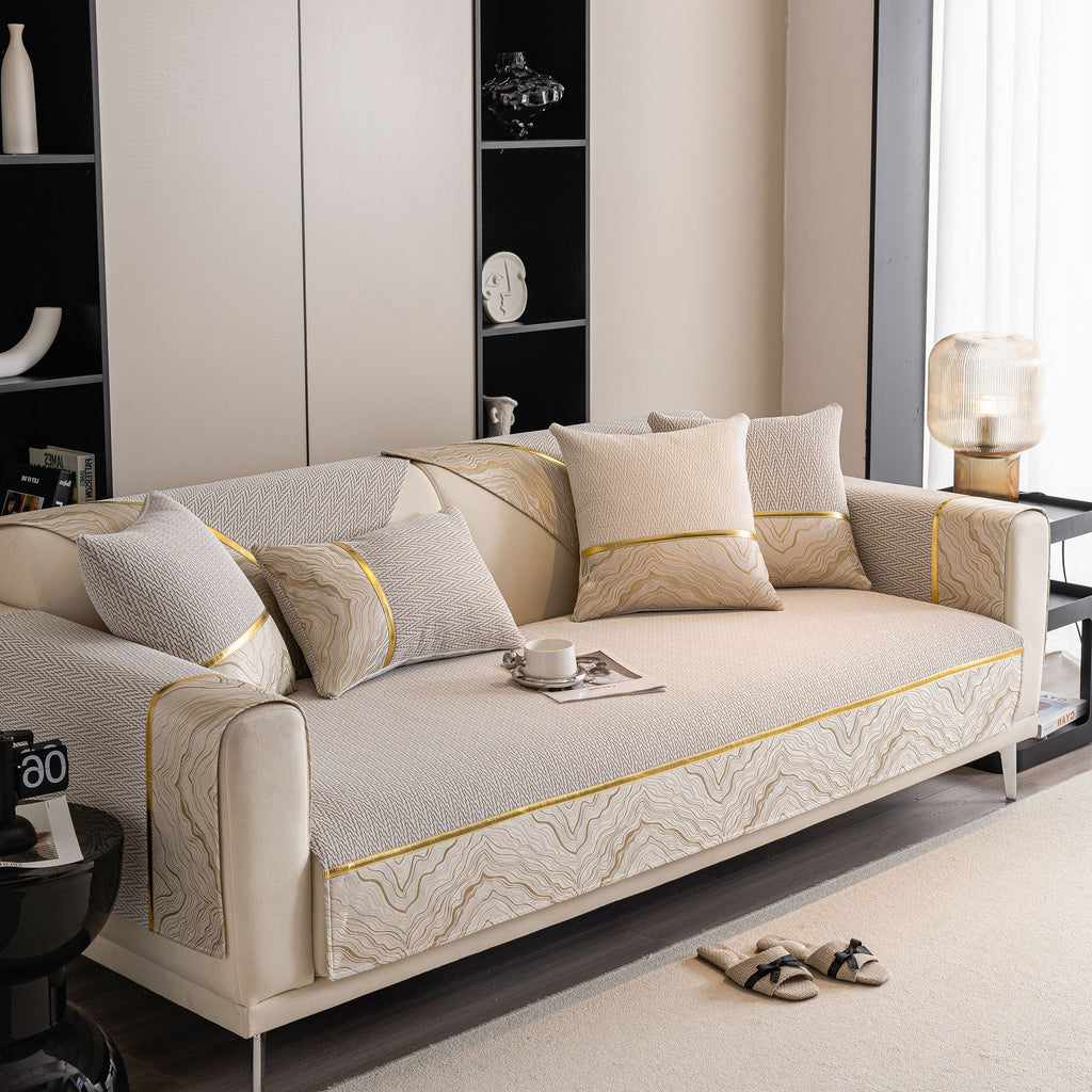 Non-Slip Couch Cover with Gold Trim, Sofa Slipcover for Sectional & Loveseat