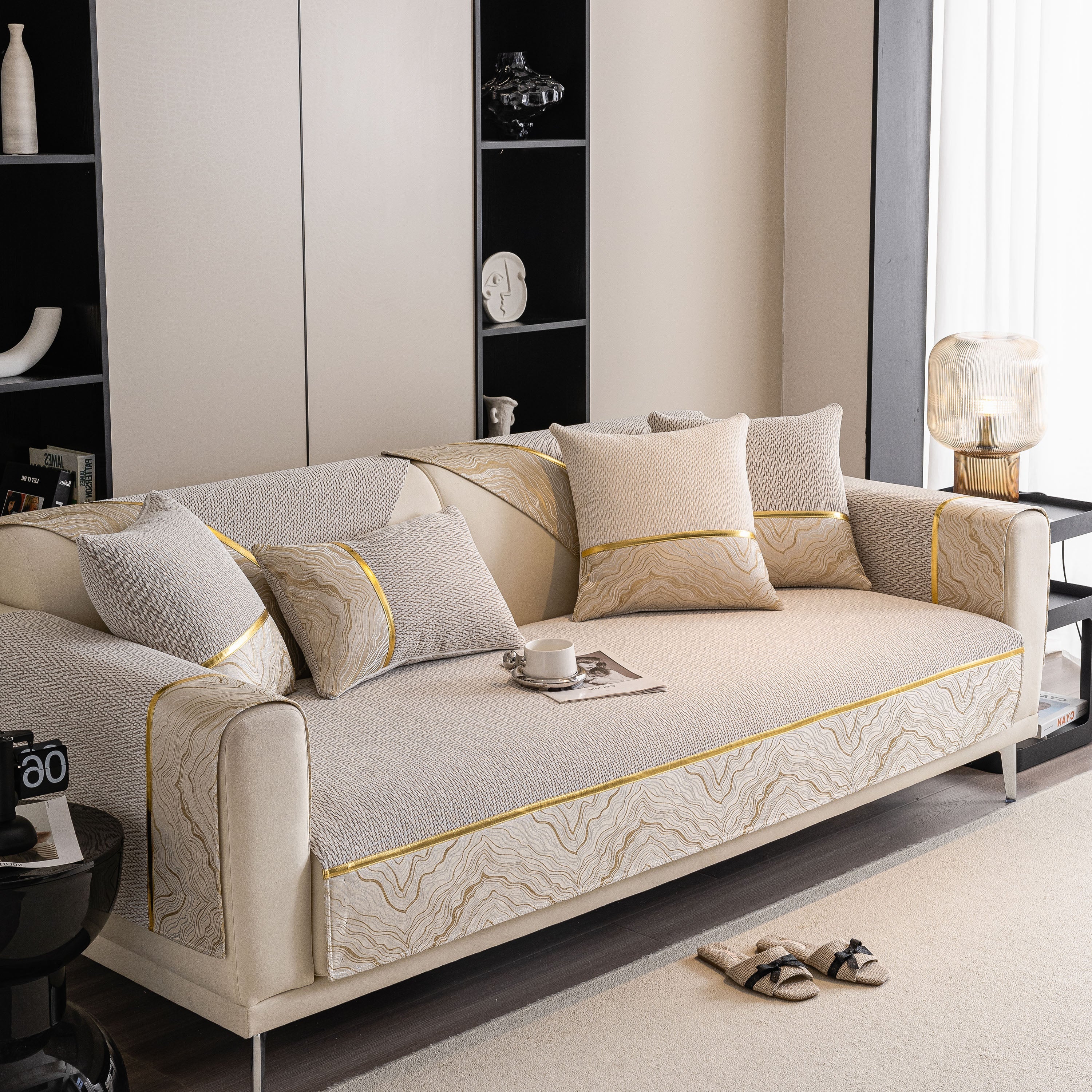 Non-Slip Couch Cover with Gold Trim, Sofa Slipcover for Sectional & Loveseat