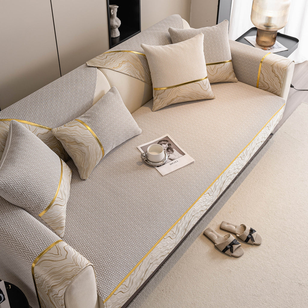 Non-Slip Couch Cover with Gold Trim, Sofa Slipcover for Sectional & Loveseat
