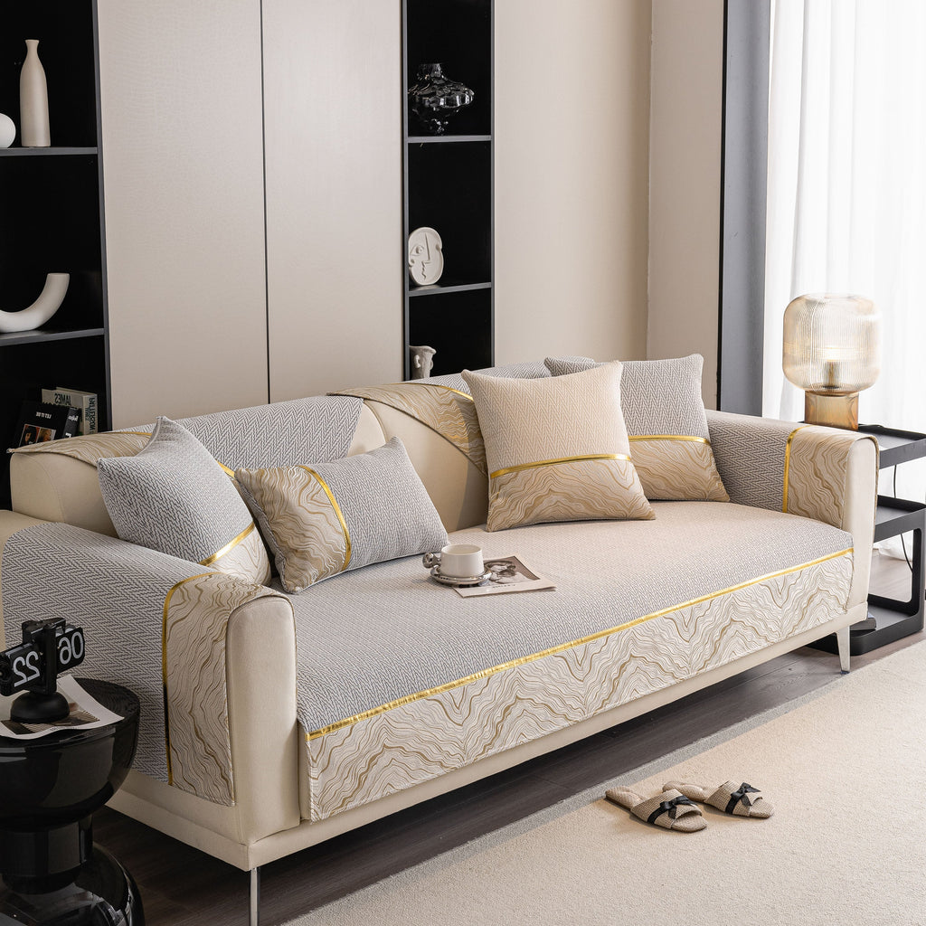 Non-Slip Couch Cover with Gold Trim, Sofa Slipcover for Sectional & Loveseat