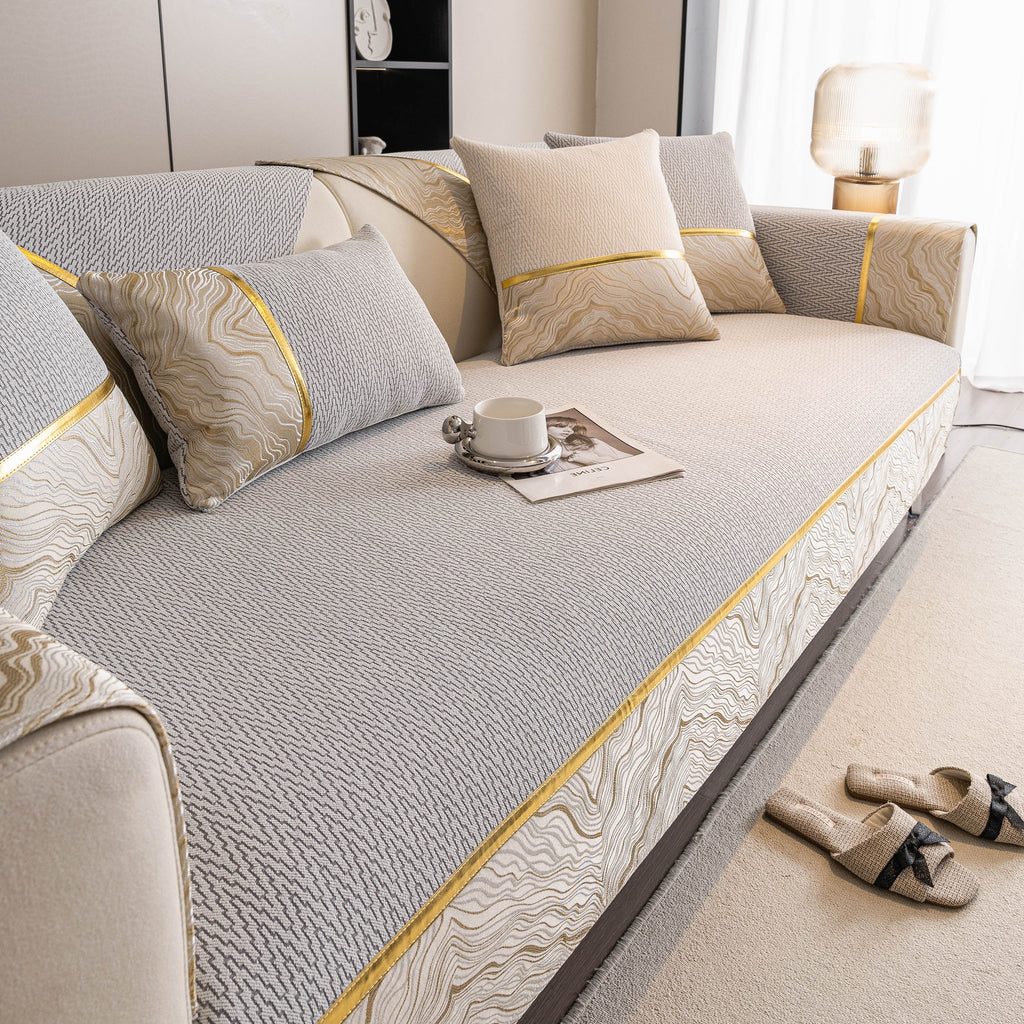 Non-Slip Couch Cover with Gold Trim, Sofa Slipcover for Sectional & Loveseat