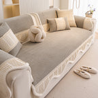 Washable Sofa Throw Pad, Non-Slip Sofa Mat Cozy Couch Slipcover with Soft Furry Trim