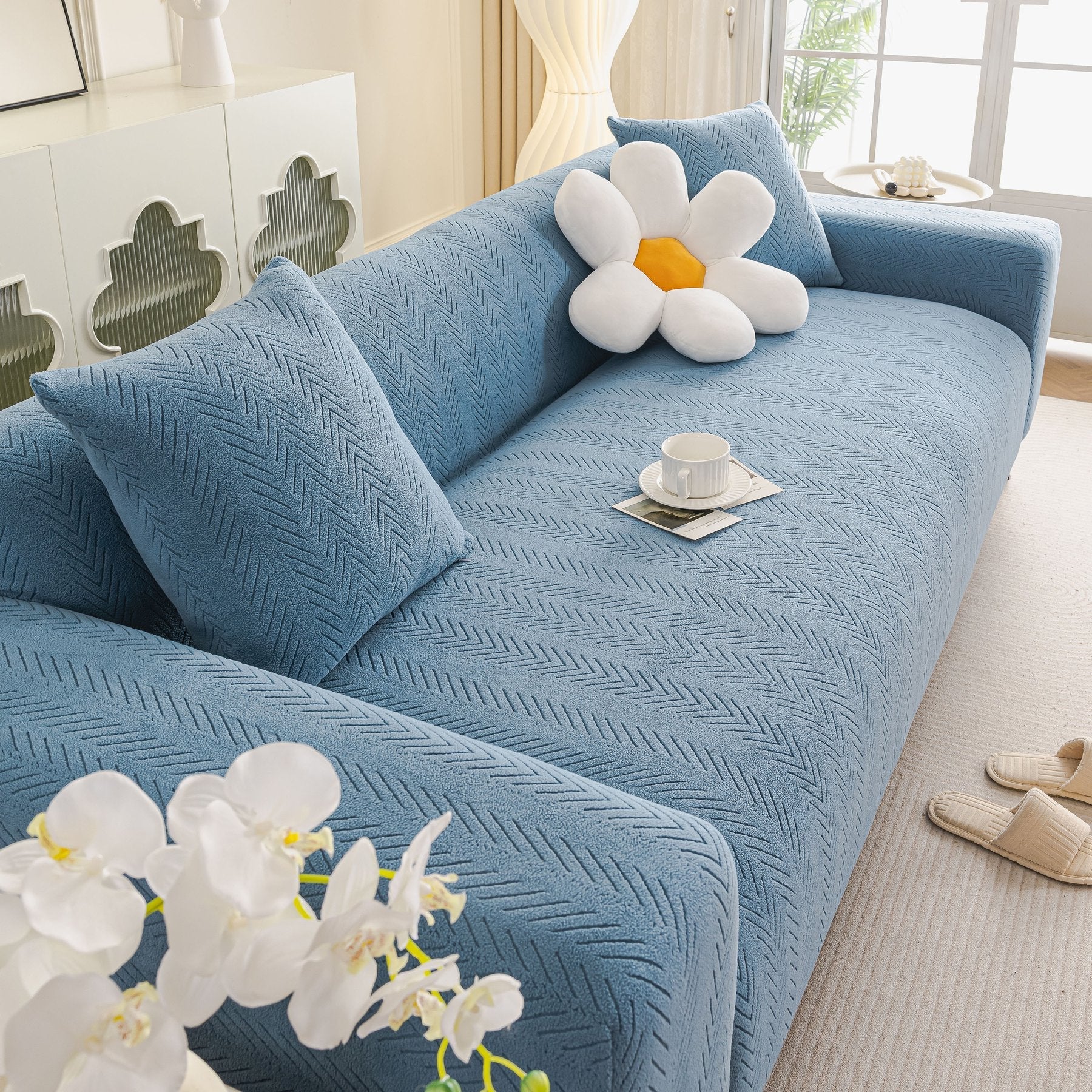 High Stretch Herringbone Textured Slipcover for Standard & L-Shaped Sectional Couches