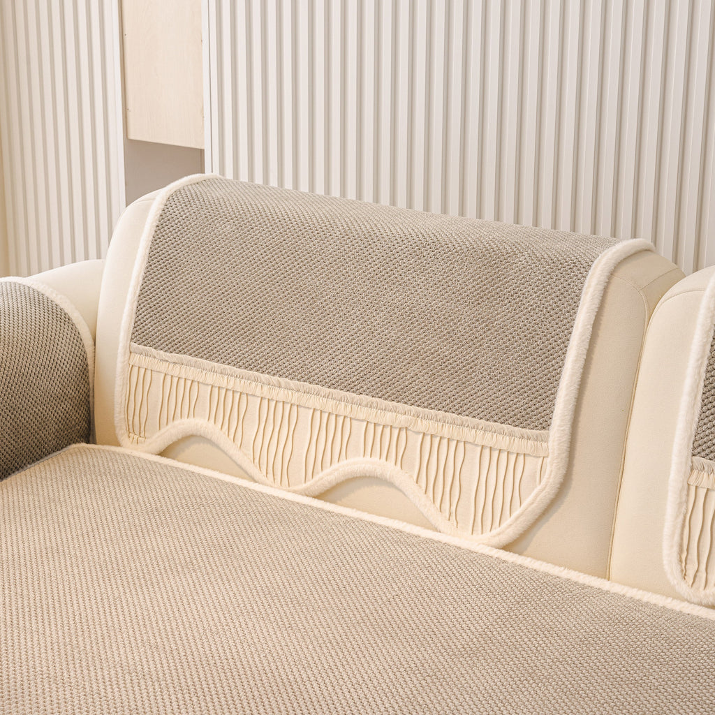 Washable Sofa Throw Pad, Non-Slip Sofa Mat Cozy Couch Slipcover with Soft Furry Trim